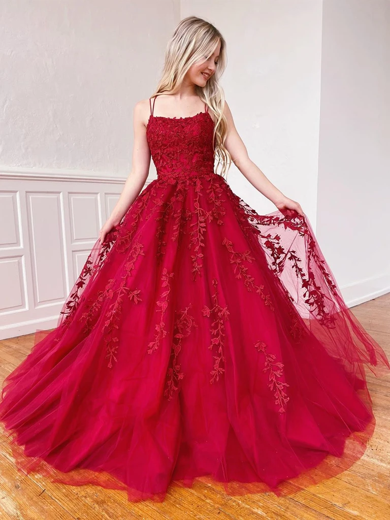 A Line Burgundy Tulle Lace Backless Long Prom Dresses, Open Back Burgundy Tulle Lace Formal Evening Dresses