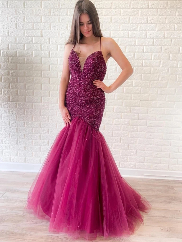 Vampal Purple Prom Dresses Gown Beaded Crystal Long V Neck Spaghetti Strap EV