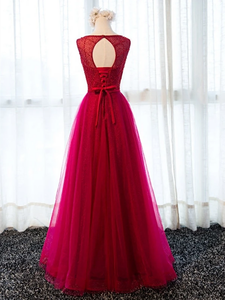 Custom Made Round Neck Tulle Burgundy / Maroon Long Prom Dresses With morievent Custom Made Round Neck Tulle Burgundy / Maroon Long Prom Dresses With morievent
