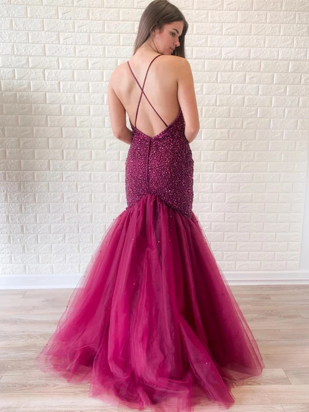 Mermaid V Neck Backless Beaded Purple Prom Dresses, Tulle Spaghetti Straps Purple Mermaid Backless Beading Formal Evening Dresses