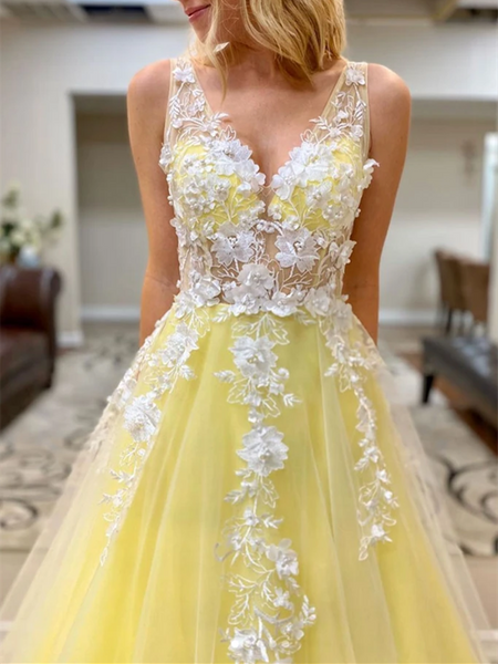 A Line V Neck Yellow Tulle Lace Long Prom Dresses, Yellow Lace Formal Evening Dresses