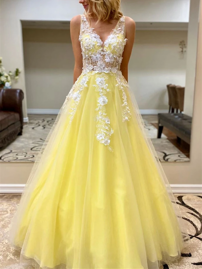 Yellow Tulle A-line One Shoulder Lace Prom Dresses MP719 | Musebridals