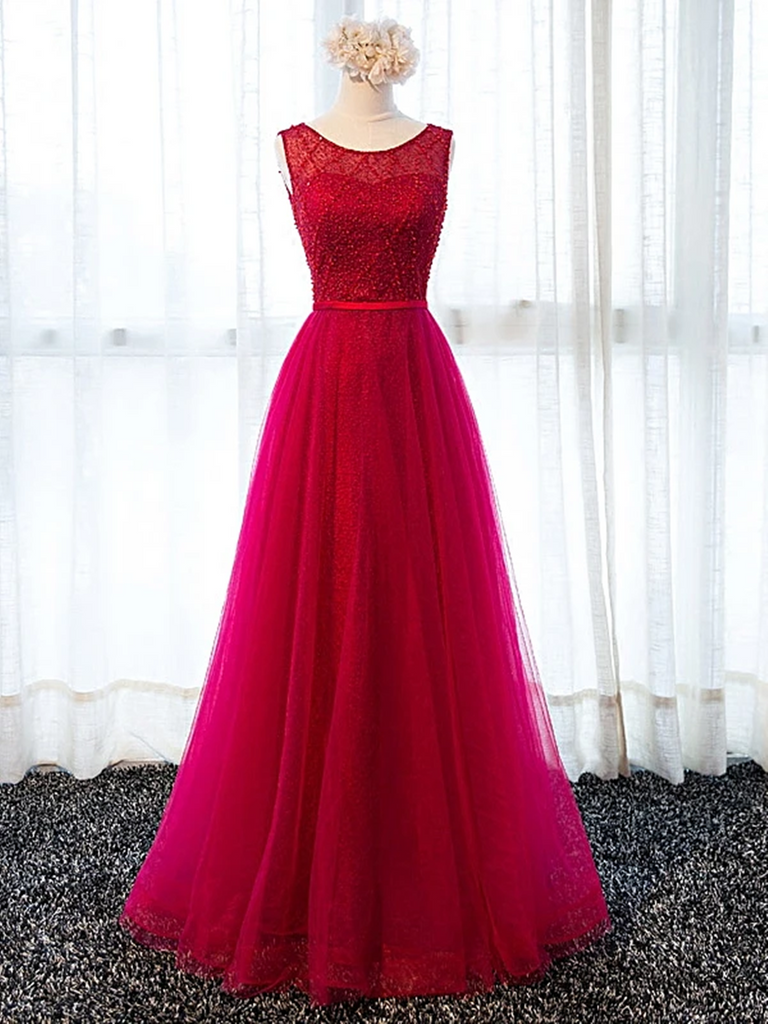 Custom Made Round Neck Tulle Burgundy / Maroon Long Prom Dresses With Beaded, Wine Red Beaded Formal Evening Bridesmaid Dresses