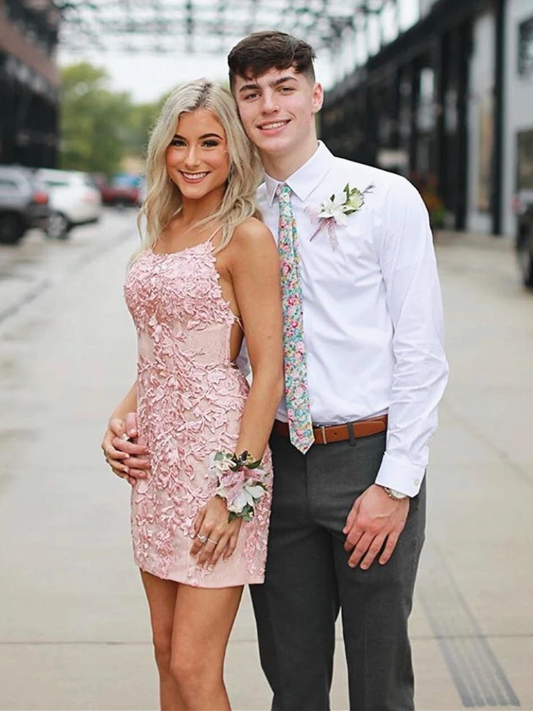 Spaghetti Straps Pink Backless Lace Short Prom Dresses Short Backless morievent