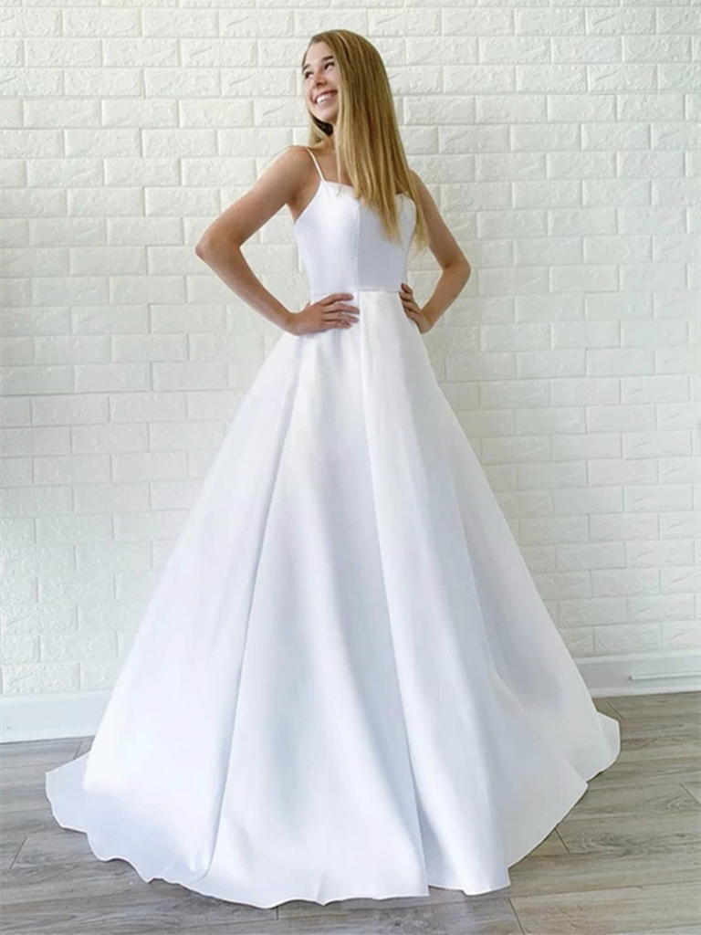 Simple White Ball Gown Satin Off the Shoulder Wedding Dress With Long Train