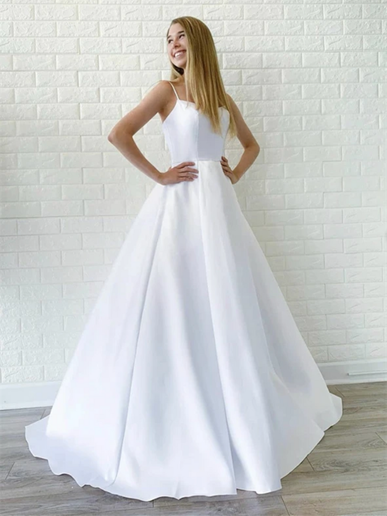 Simple White Satin Long Prom Dresses, White Wedding Dresses, White For morievent Simple White Satin Long Prom Dresses, White Wedding Dresses, White For morievent