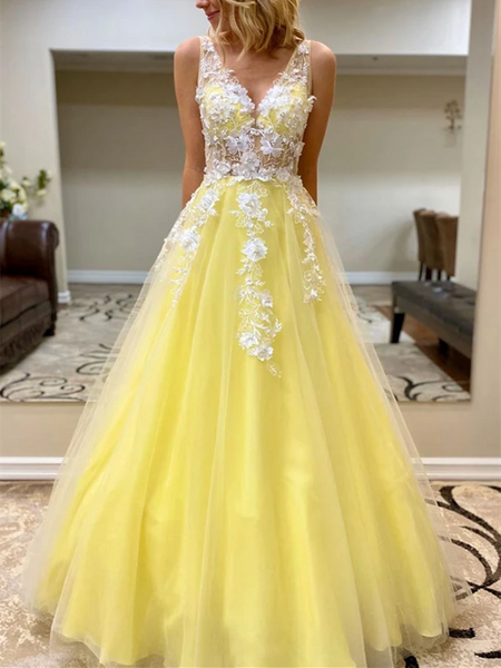 A Line V Neck Yellow Tulle Lace Long Prom Dresses, Yellow Lace Formal Evening Dresses