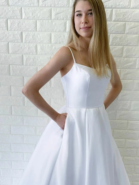 Simple White Satin Long Prom Dresses, White Wedding Dresses,  White Formal Graduation Evening Dresses