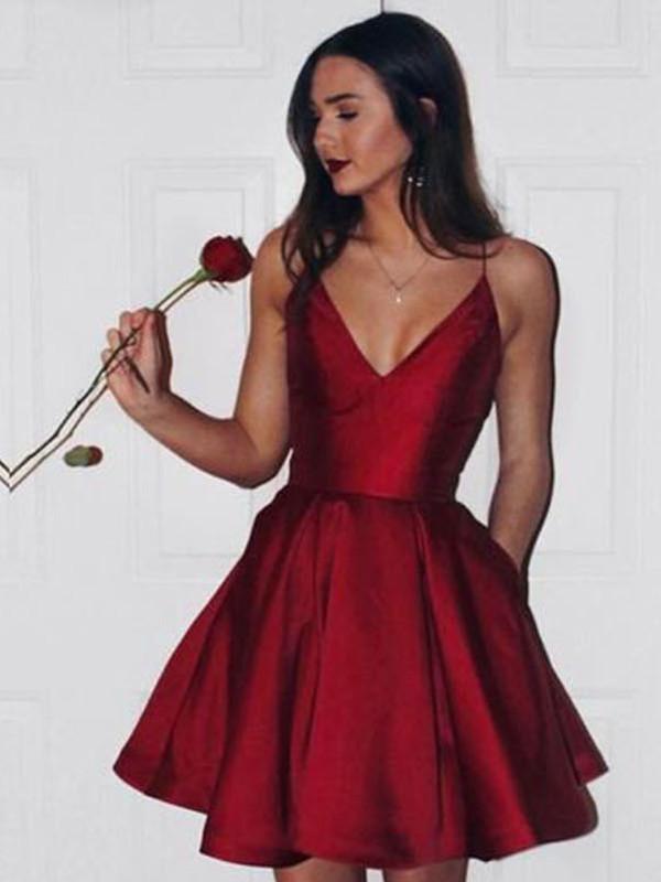 short burgundy satin dress Simple Satin Burgundy Short Prom Dress, Burgundy Homecoming Dress US 12 / Burgundy