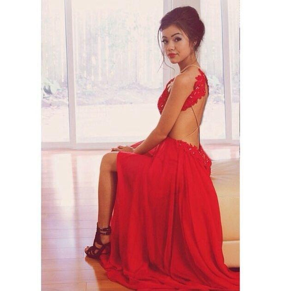 Custom Made A Line Round Neck Red Lace Prom Dresses, Red Lace Formal Dresses