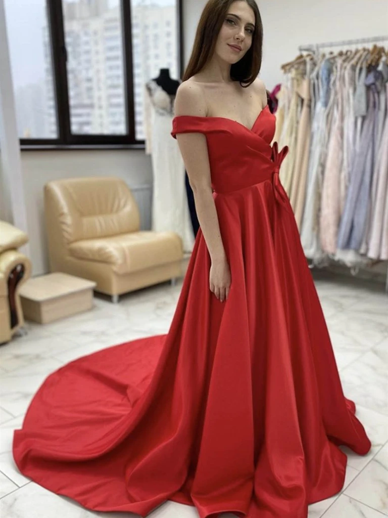 Off Shoulder Red Satin Long Prom Dresses, Off the Shoulder Red Formal Evening Dresses
