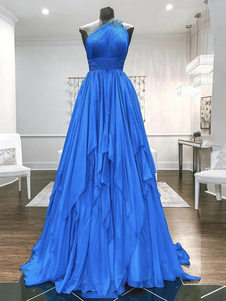 One Shoulder Beaded Blue Backless Long Prom Dresses, Open Back Blue Lo morievent One Shoulder Beaded Blue Backless Long Prom Dresses, Open Back Blue Lo morievent