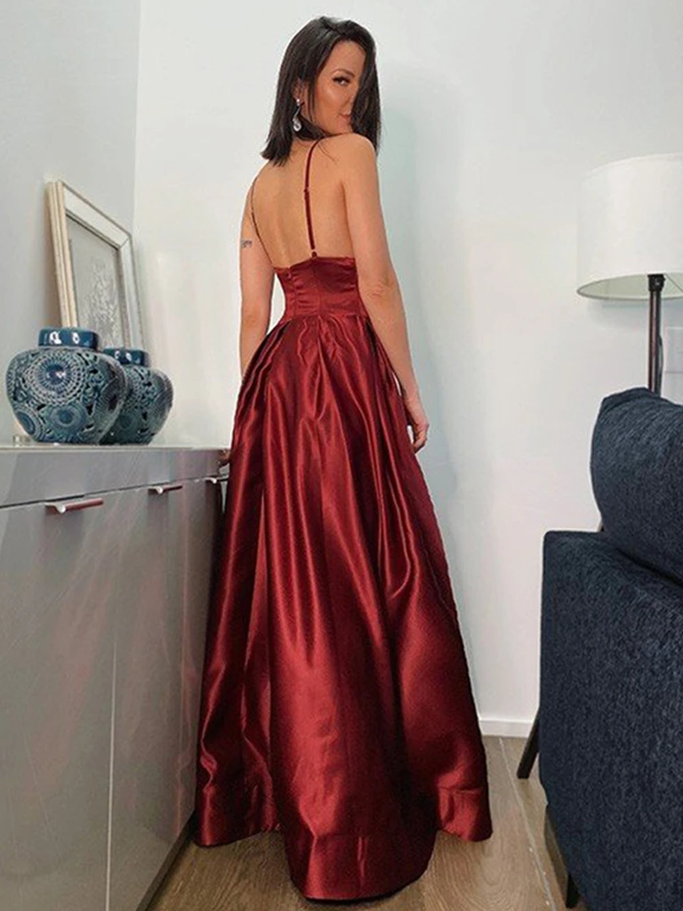 V Neck Backless Burgundy Satin Long Prom Dresses with High Slit, Backl morievent V Neck Backless Burgundy Satin Long Prom Dresses with High Slit, Backl morievent