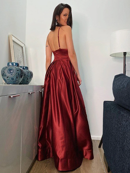 V Neck Backless Burgundy Satin Long Prom Dresses with High Slit, Backless Burgundy Formal Dresses, Burgundy Evening Dresses