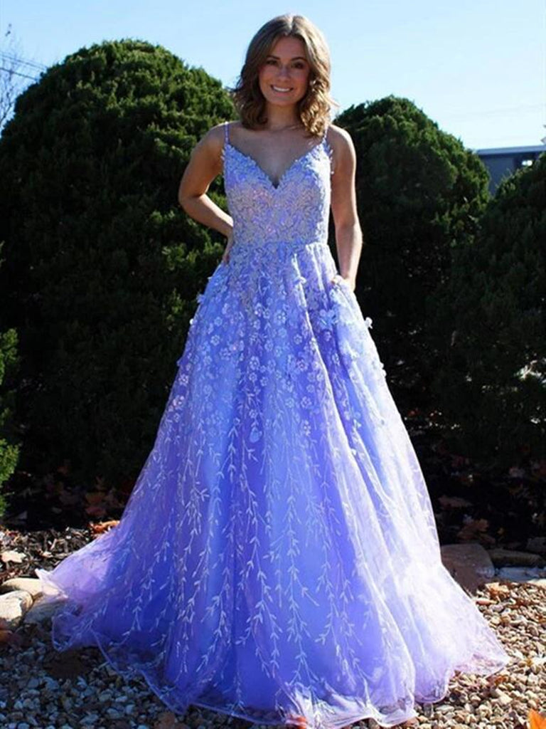 A Line V Neck Blue Tulle Lace Appliques Long Prom Dresses 2021 , Elega morievent A Line V Neck Blue Tulle Lace Appliques Long Prom Dresses 2021 , Elega morievent