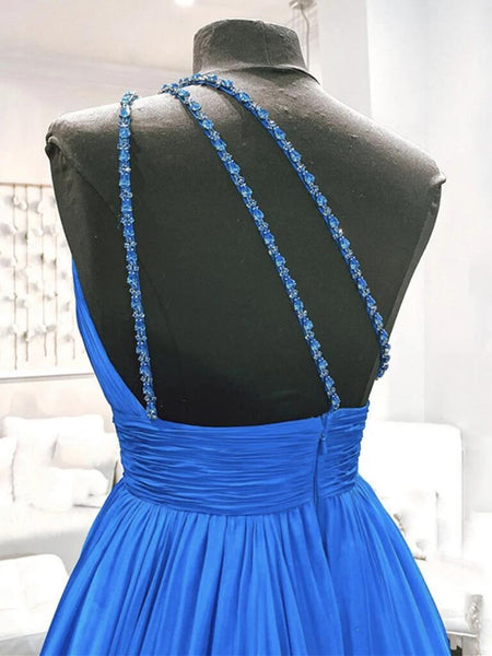 One Shoulder Beaded Blue Backless Long Prom Dresses, Open Back Blue Long Formal Evening Dresses