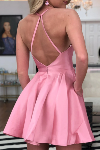 Cute Backless Pink Short Prom Homecoming Dresses with Pockets, Backless Pink Formal Graduation Evening Dresses