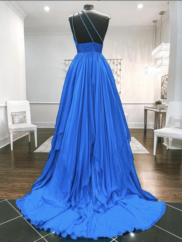 One Shoulder Beaded Blue Backless Long Prom Dresses, Open Back Blue Lo morievent One Shoulder Beaded Blue Backless Long Prom Dresses, Open Back Blue Lo morievent