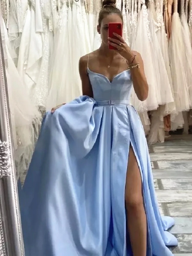 Sweetheart Neck Light Blue Satin Prom Dresses With Leg Slit, Light Blue Long Formal Evening Dresses