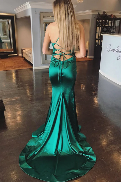Elegant Green Mermaid Backless Satin Long Prom Dresses with Sweep Train, Green Formal Evening Dresses 2021 with Cross Back