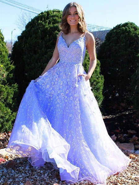 A Line V Neck Blue Tulle Lace Appliques Long Prom Dresses 2021 , Elegant Blue Lace Evening Formal Party Dresses