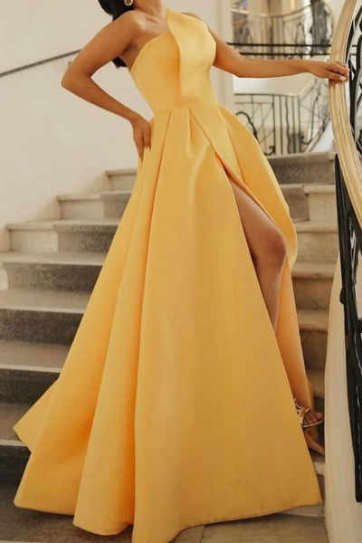 Strapless Yellow Satin Long Prom Dresses With Leg Slit , Yellow Satin Long Formal Evening Dresses