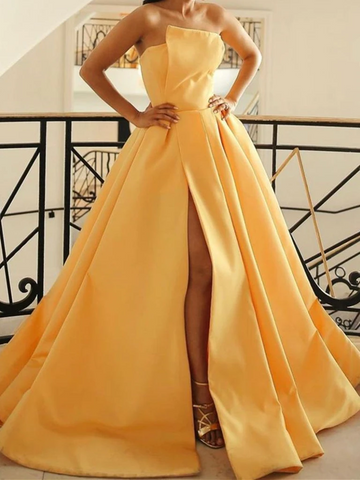 Strapless Yellow Satin Long Prom Dresses With Leg Slit , Yellow Satin Long Formal Evening Dresses
