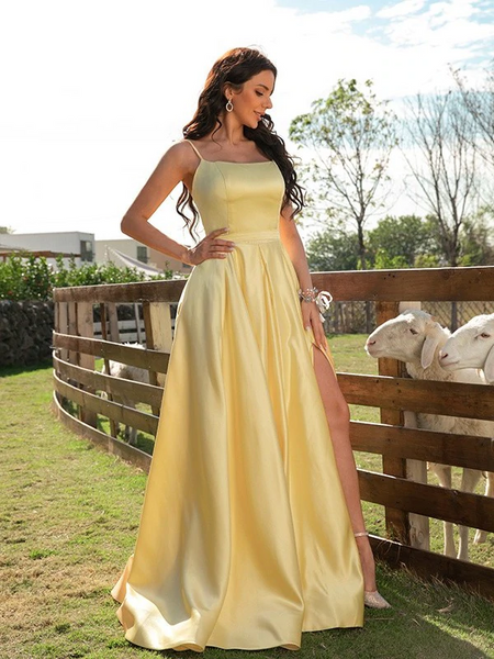 A Line Spaghetti Straps Satin Yellow Long Prom Dresses, A Line Spaghetti Straps Satin Yellow Formal Evening Dresses