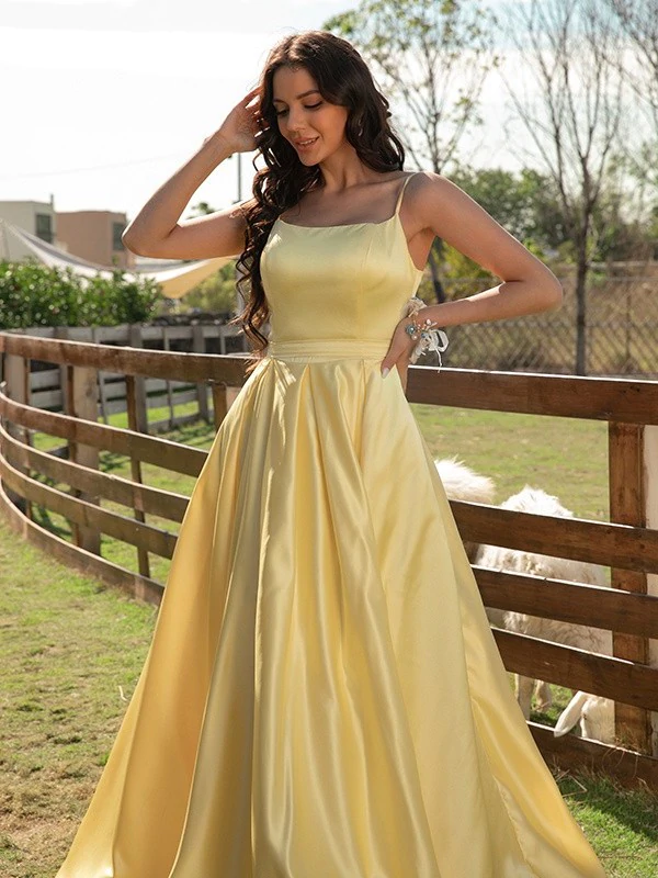 A Line Spaghetti Straps Satin Yellow Long Prom Dresses, A Line Spaghet morievent A Line Spaghetti Straps Satin Yellow Long Prom Dresses, A Line Spaghet morievent