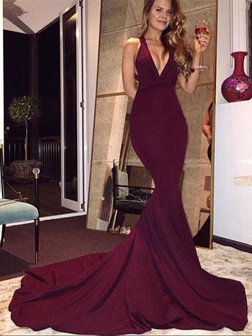 Custom Made V Neck Backless Maroon Prom Dress with Train, Maroon Formal Dress