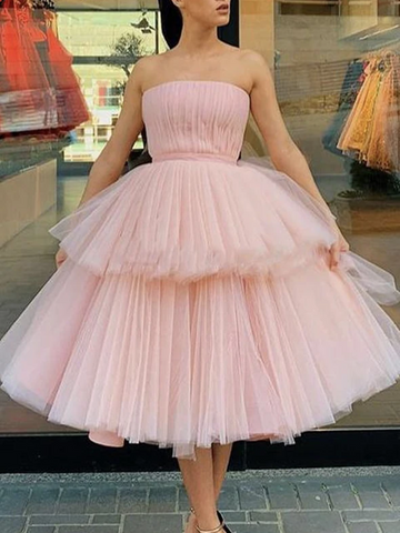 A Line Pink Tulle Short Prom Dresses, A Line Pink Tulle Short Formal Evening Dresses