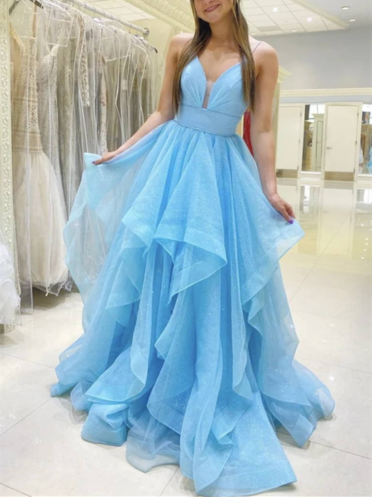 A Line V Neck Blue Tulle Long Prom Dresses, A Line Blue Tulle Long Formal Evening Dresses