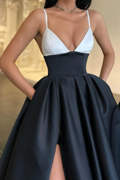 A Line V Neck Black White Prom Dresses, V Neck Black White Formal Evening Dresses