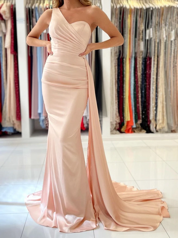 One Shoulder Pink Champagne Satin Mermaid Prom Dresses, One Shoulder Pink Champagne Long Formal Evening Dresses