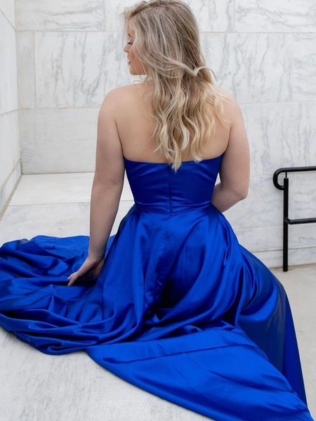 Halter V Neck Royal Blue Backless Long Prom Dresses with High Leg Slit, Open Back  Royal Blue Formal Evening Dresses