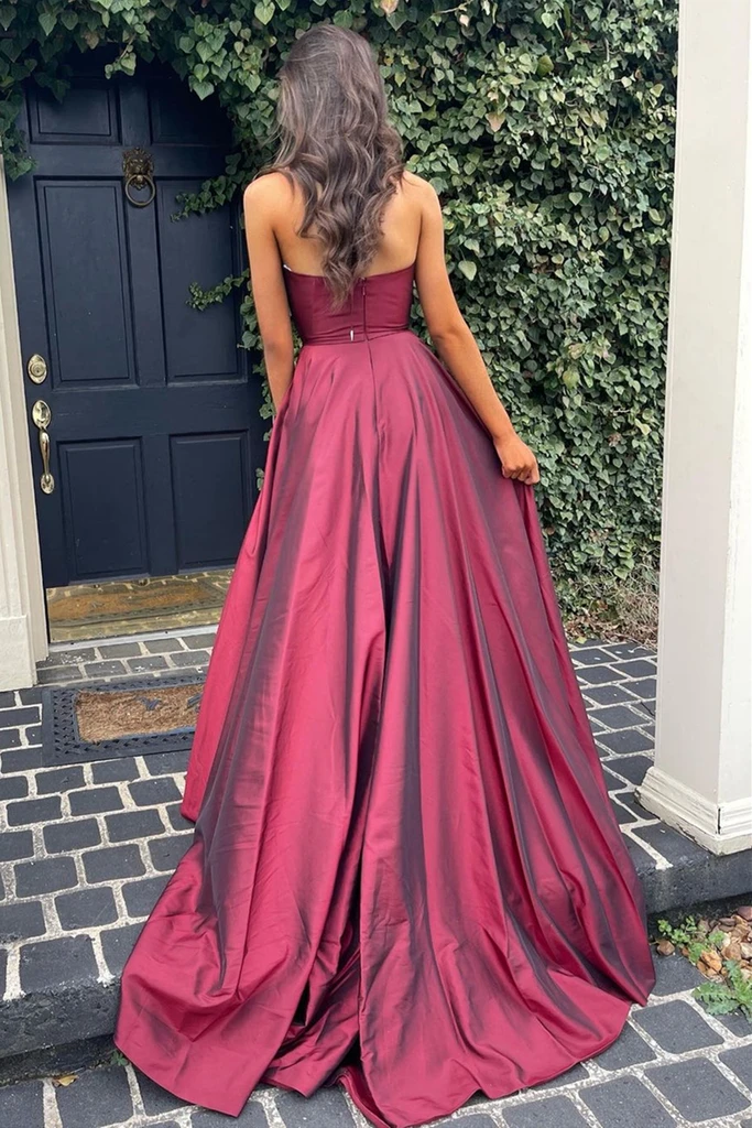 A Line Halter V Neck Open Back Burgundy Long Prom Dresses with