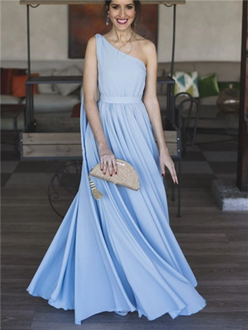 Blue One Shoulder Prom Chiffon Long Prom Dresses, Blue One Shoulder Prom Chiffon Long  Formal Evening Dresses