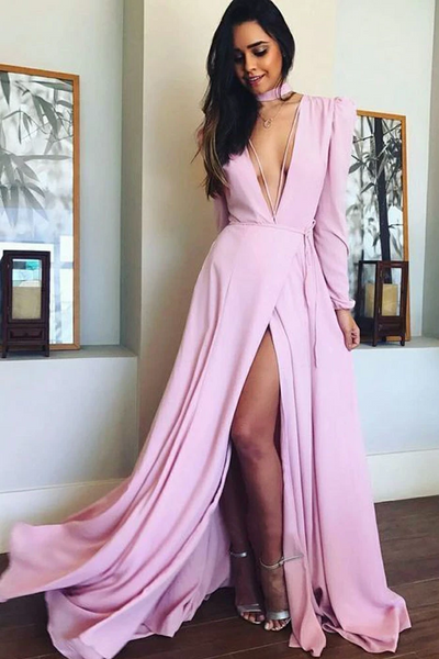 Deep V Neck A Line/Princess Long Sleeves  Pink Chiffon Long prom Dresses, Sexy Long Sleeves Pink Long Formal Evening Dresses