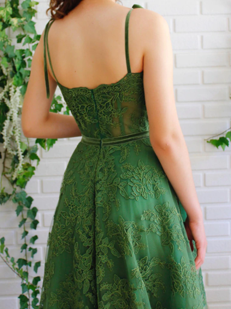green lace prom dress Off Shoulder Long Green Formal Gown PSK549 US10 / Custom Color Sweetheart Sleeves Azazie 2026 Corset Lace Up