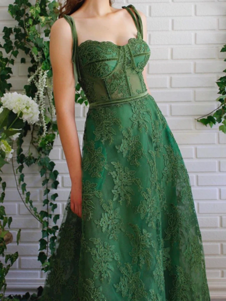 Green Lace Prom Dresses, Green Lace Long Formal Graduation Dresses