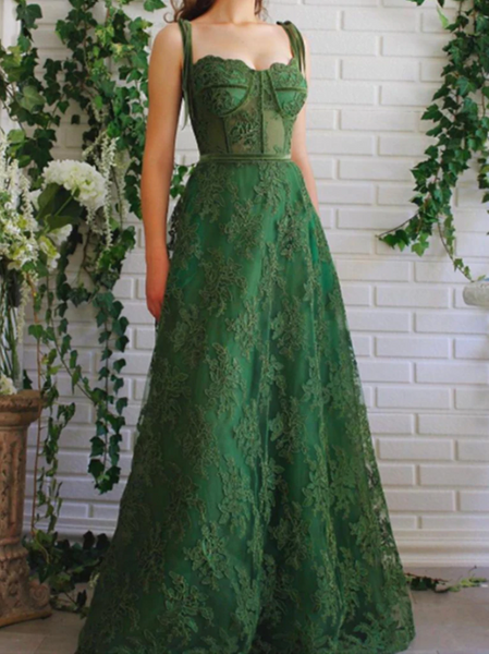 Green Lace Prom Dresses, Green Lace Long Formal Graduation Dresses