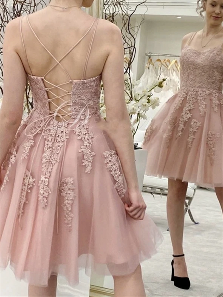 A Line Pink Lace Short Prom Dresses, A Line Pink Lace Short Formal Evening Homecoming Dresses