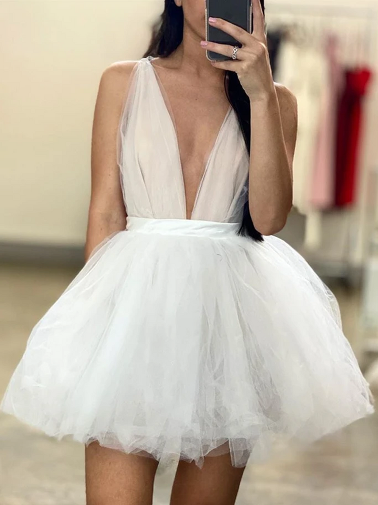 Cute V Neck Short White Prom Dresses, V Neck White Tulle Homecoming Dr morievent Cute V Neck Short White Prom Dresses, V Neck White Tulle Homecoming Dr morievent