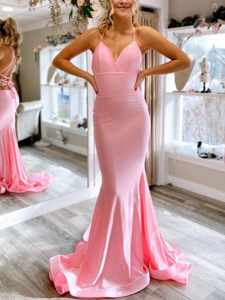 Simple V Neck Pink Backless Mermaid Long Satin Prom Dresses, Mermaid Pink Long Formal Evening Dresses