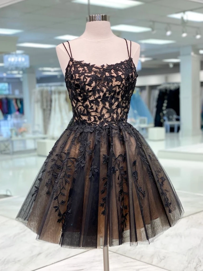A Line Champagne Black Lace Short Prom Dresses, Short Champagne Black morievent A Line Champagne Black Lace Short Prom Dresses, Short Champagne Black morievent