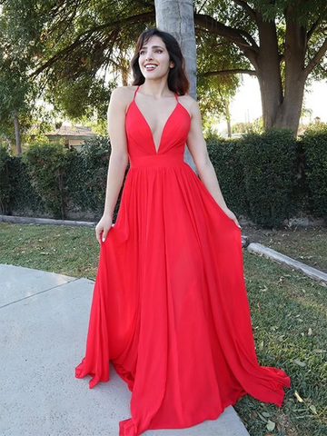 A Line V Neck Backless Red Long Prom Dresses, Open Back V Nek  Red Formal Graduation Evening Dresses