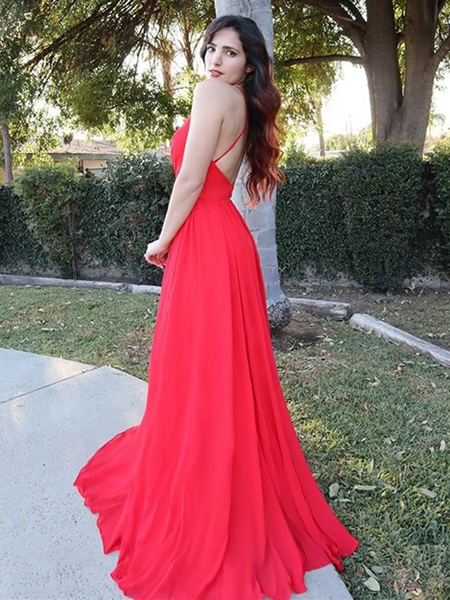 A Line V Neck Backless Red Long Prom Dresses, Open Back V Nek  Red Formal Graduation Evening Dresses