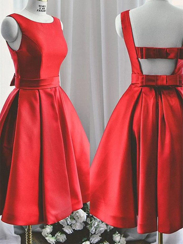 Cute Open Back Knee Length Red Satin Short Prom Dresses, Knee Length R morievent Cute Open Back Knee Length Red Satin Short Prom Dresses, Knee Length R morievent
