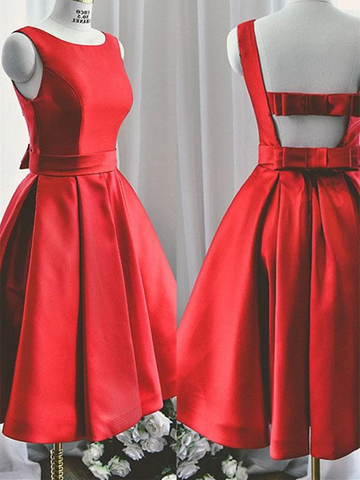 Cute Open Back Knee Length Red Satin Short Prom Dresses, Knee Length Red Homecoming Dresses, Short Backless Red Formal Evening Dresses