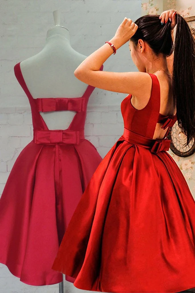 Cute Open Back Knee Length Red Satin Short Prom Dresses Knee Length Red Homecoming Dresses Short Backless Red Formal Evening Dresses
